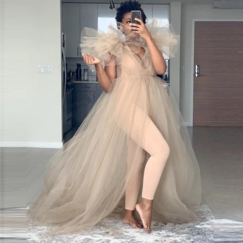 

Casual Dresses Elegant Tulle Maternity Sleeveless V Neck Extra Puffy Dress See Through Women Pography Robes Gown Plus Size, Black