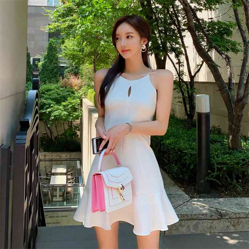 

Sexy A line Dress korean ladies Summer Sleeveless Cerw neck club Party for women clothing 210602, White