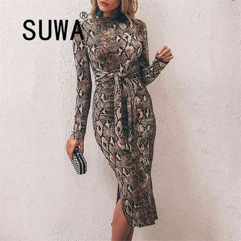 

Women Dresses Evening Party Midi Snake Skin Printed Long Sleeve Elegant Work Wear Sexy French Style Free Ladies Dress 210525, Brown
