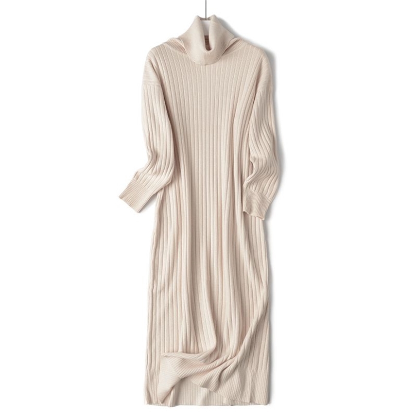 

BYGOUBY Thciken Warm Winter Long Knitted Women Sweater Dress Sleeve Ribbed Midi Turtleneck Oversized Loose Maxi 211110, Apricot