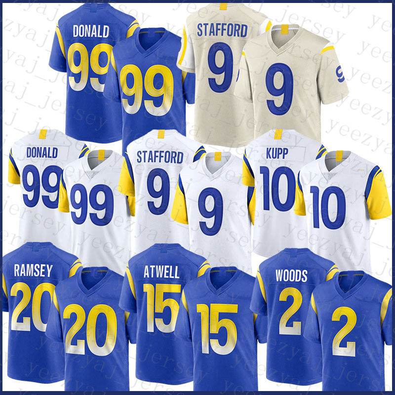 

Custom 99 Aaron Donald 9 Matthew Stafford Football Jersey Jalen Ramsey Cooper Kupp Robert Woods DeSean Jackson Eric Dickerson Leonard Floyd Cam Akers Marshall Faulk, 2021 mens-g y