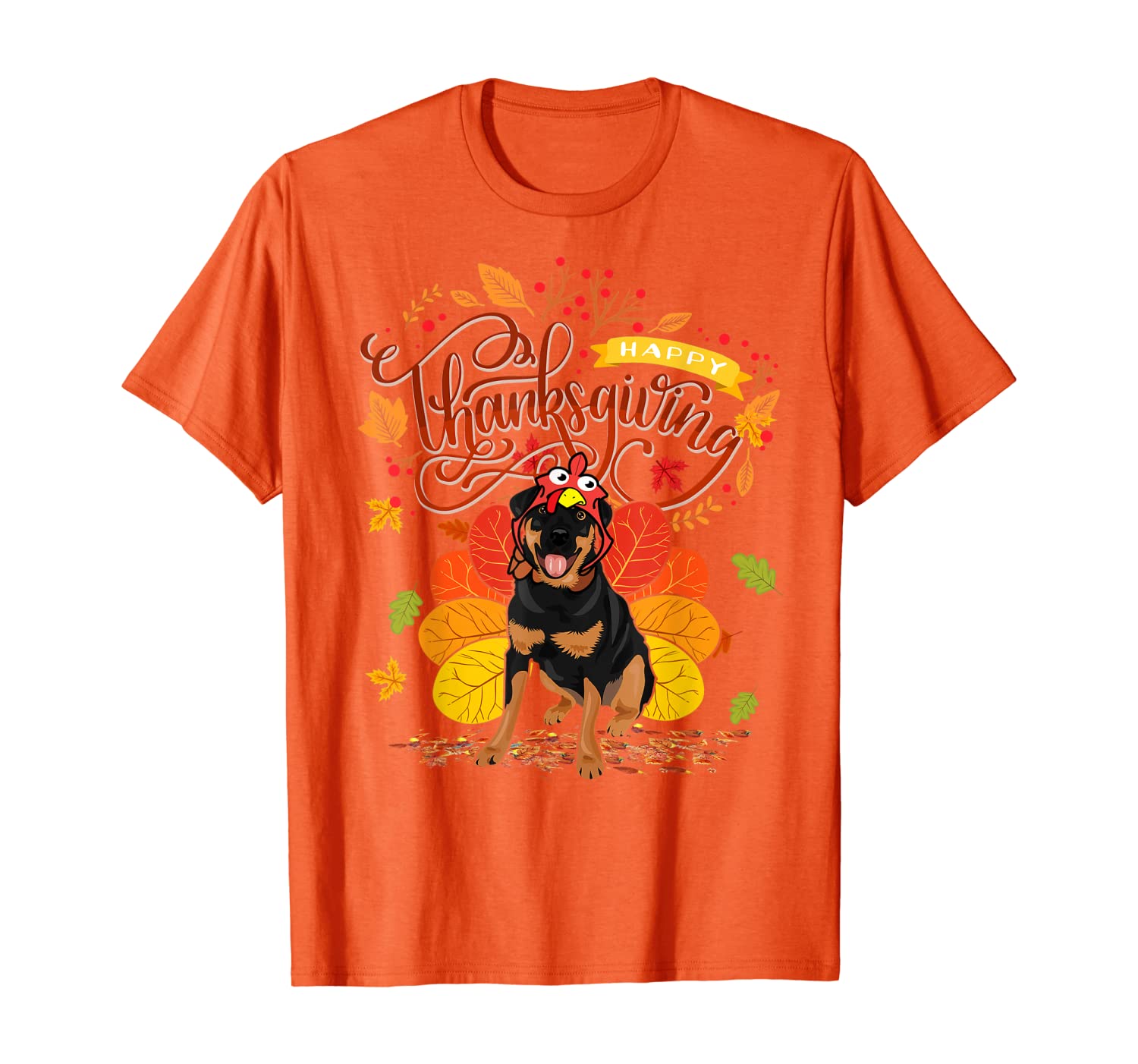 

Rottweiler Wearing Turkey Hat Fall Autumn Happy Thanksgiving T-Shirt, White;black