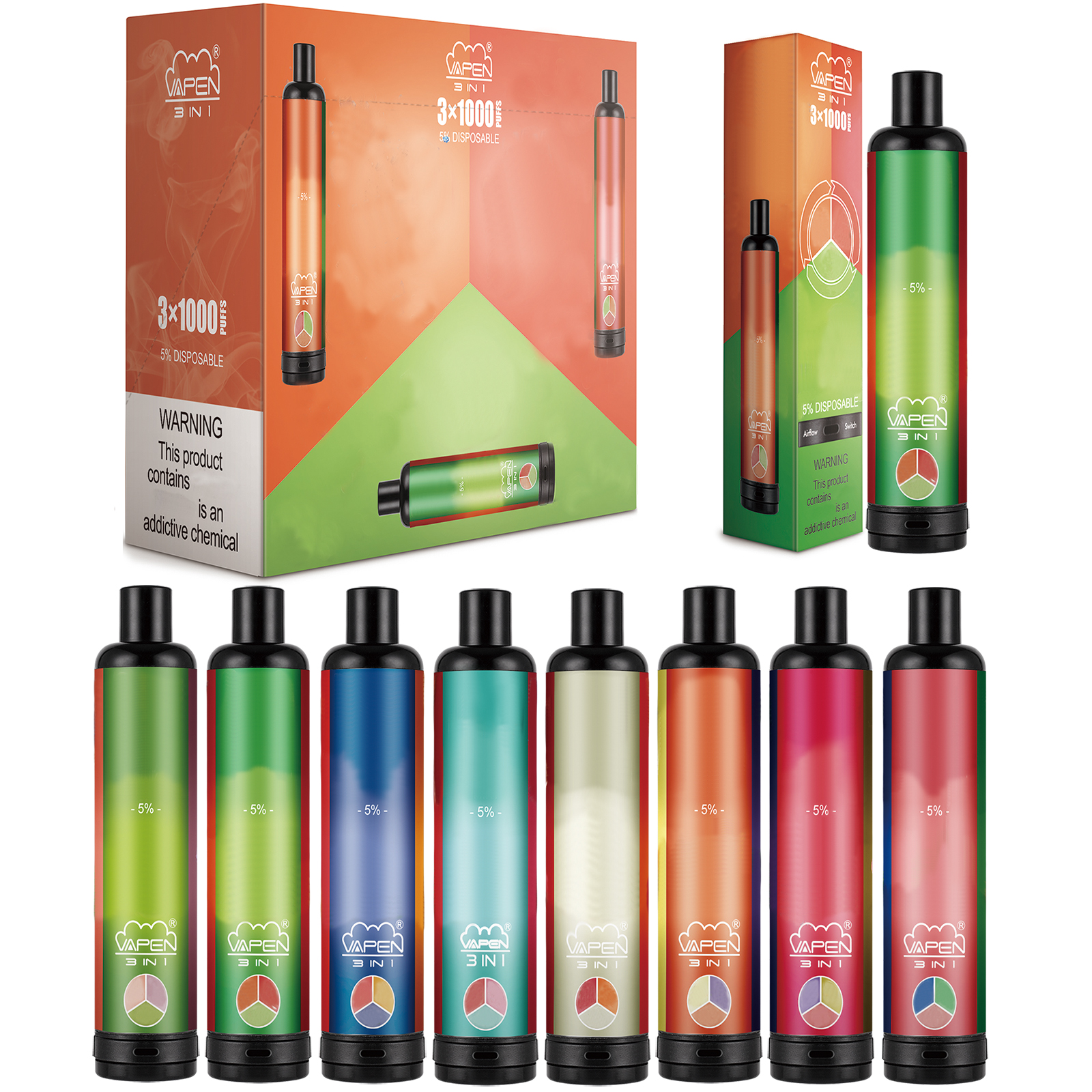 

Original VAPEN 3 IN 1 3000 PUFFs Disposable Vape Pen e Cigarette 1400mAh Battery 8 combinations Colors available Airflow Vaporizer Pre-Fille