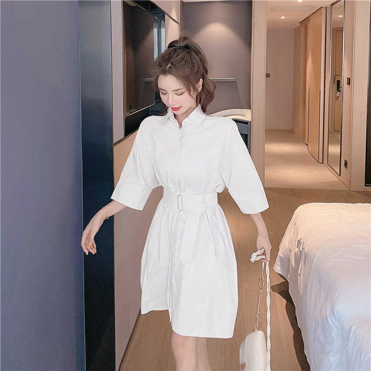 

LY VAREY LIN Spring Autumn Women Loose Mini Shirt Dress Three Quarter Turn-down Collar Sash Tie Up Casual Ladies 210526, Red