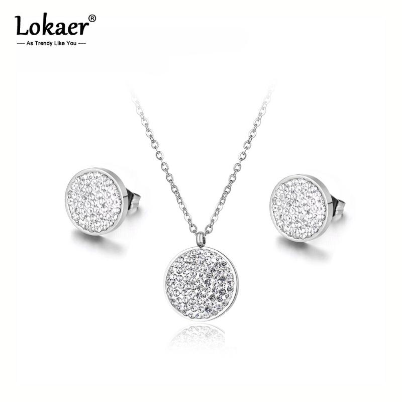 

Earrings & Necklace Lokaer Trendy Stainless Steel Wedding Jewelry Classic Pave Setting CZ Rhinestone Circle Sets For Women SE016, Silver