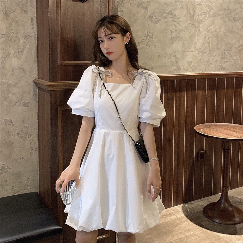 

Lucyever Summer White Puff Short Sleeve Mini Dress Women Elegant Vintage Square Neck Dresses Woman Korean Bow Fairy Dress Female 210521