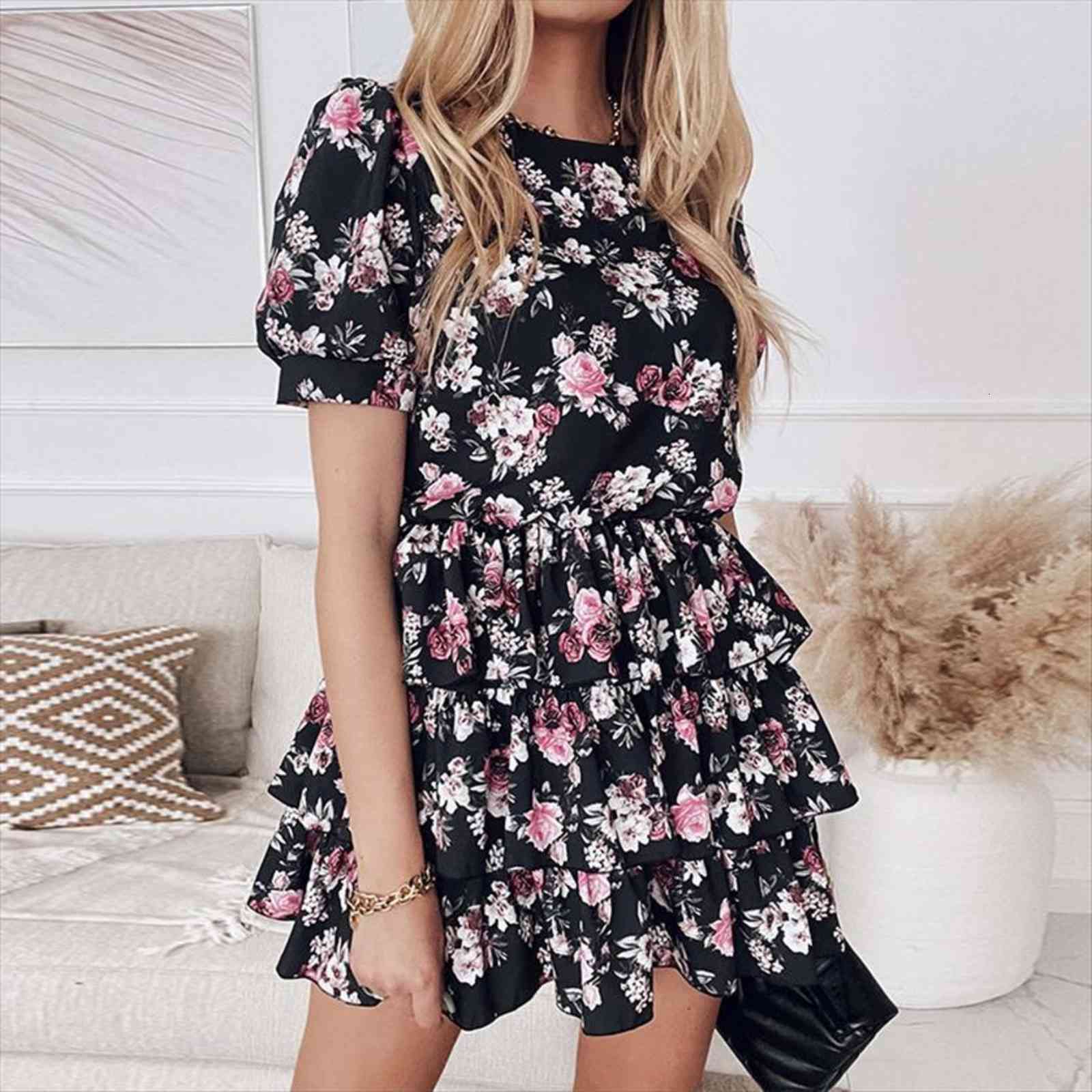

summer cascading ruffles floral casual womens dress puff sleeve a line flower print female boho short holiday sundress, Black;gray