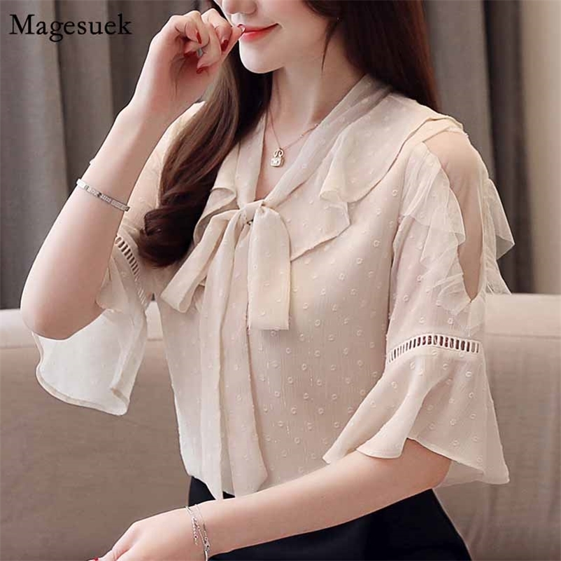 

Short Flare Sleeve Solid Pullover Blouse Summer Off Shoulder Chiffon Shirt Women Office Plus Size Ladies Tops 10298 210518, Green
