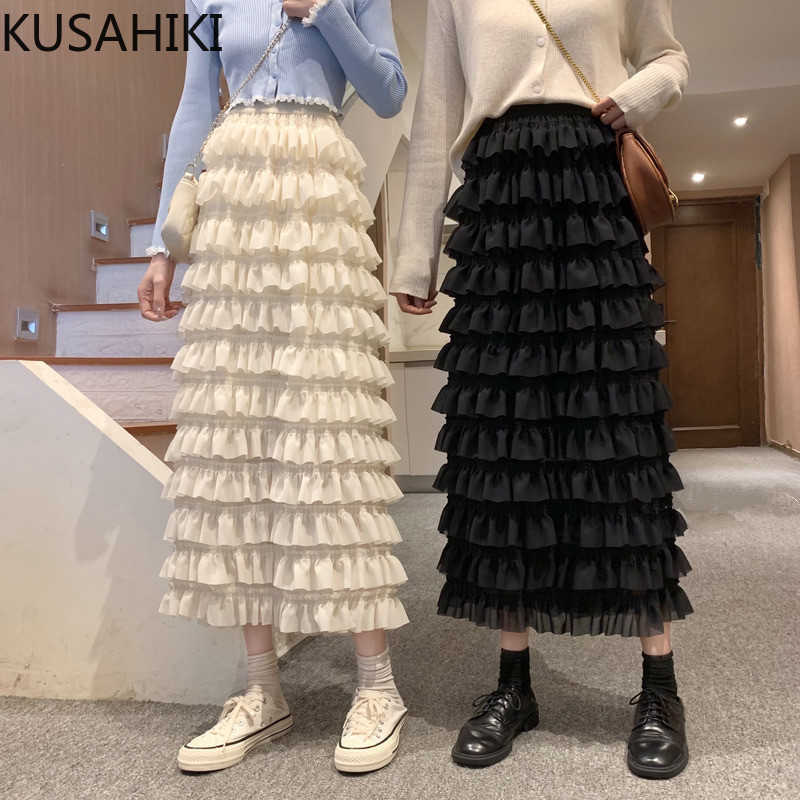 

KUSAHIKI Spring Sweet Cake Skirts Korean High Waist Layered-ruffle A-line Midi Women Skirt Causal Faldas Mujer 6E532 210602, Black