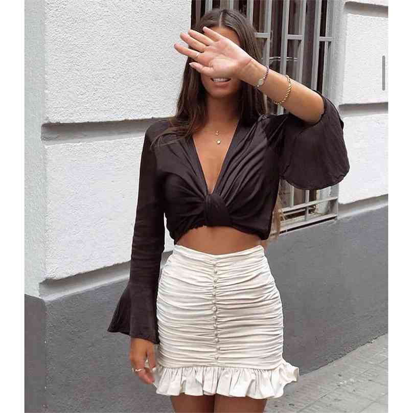 

Women Skirt Draped Faux Jewelry Button High-waisted Mini Ruching detail Ruffled Hem Back zip closure skirts 210629, Beige