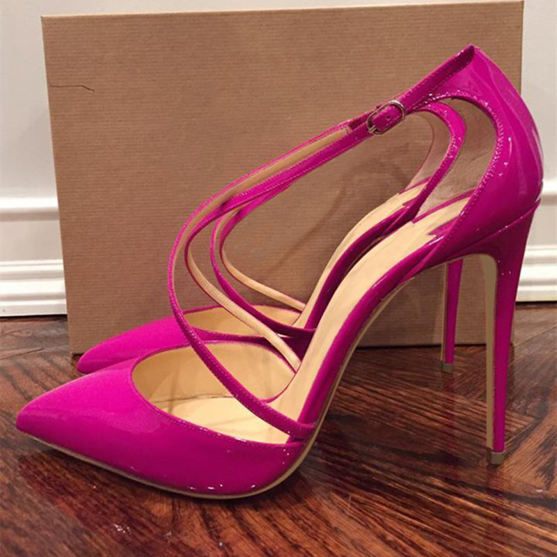 

Summer sexy lady fashion women shoes Fuchsia patent leather pointy toe stiletto stripper High heels Criss-Cross pumps large size 44 12cm, Color 8cm