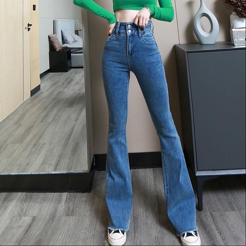 

Vrouwen Nieuwe Casual Trompet Vrouwelijke Women Jean Lente Zomer Hoge Taille Slim Rekbare Denim Broek Streetwear, Blue