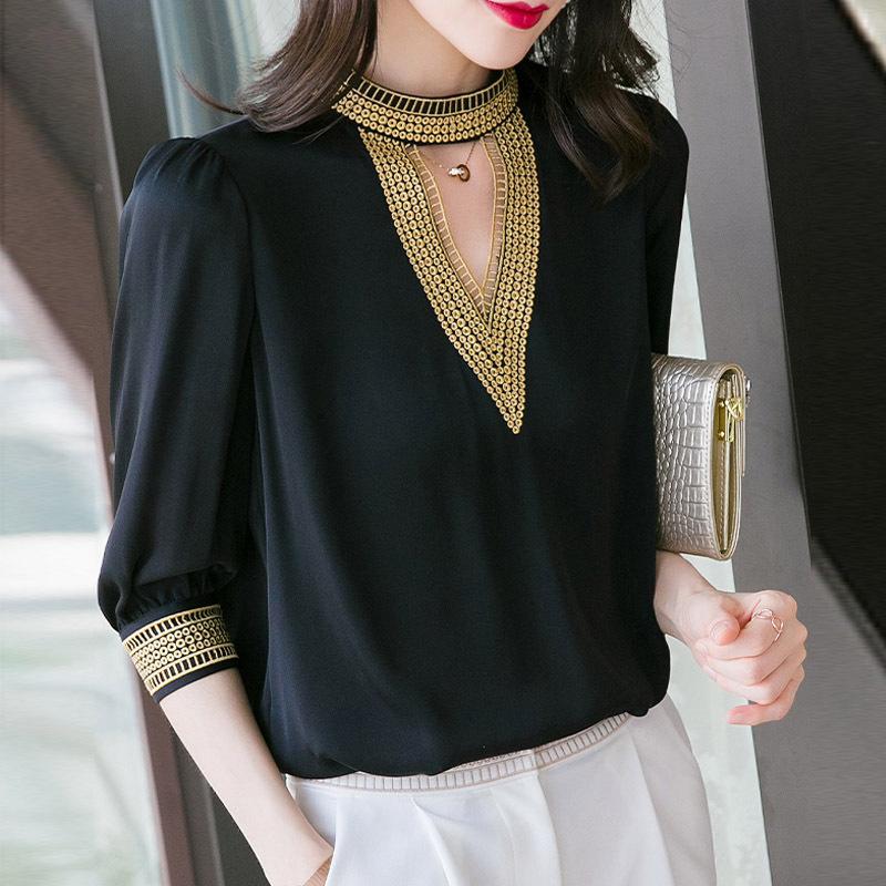 

Women' Blouses & Shirts Black Shirt Female Short Sleeve Summer Women V-neck Embroidered Loose Satin Heavy Imitation Mulberry Silk Top