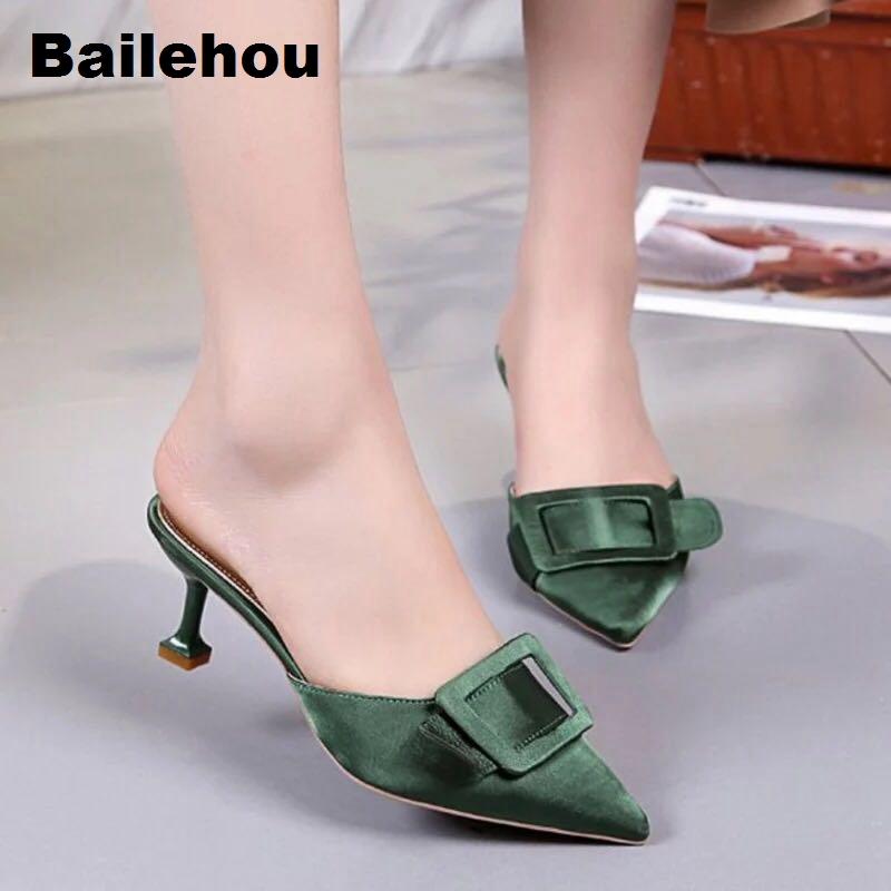 

Slippers Bailehou Women Pointed Toe Med Heel Shoes Brand Buckle Ladies Sandals Slip On Mules Office Daily Working, Black