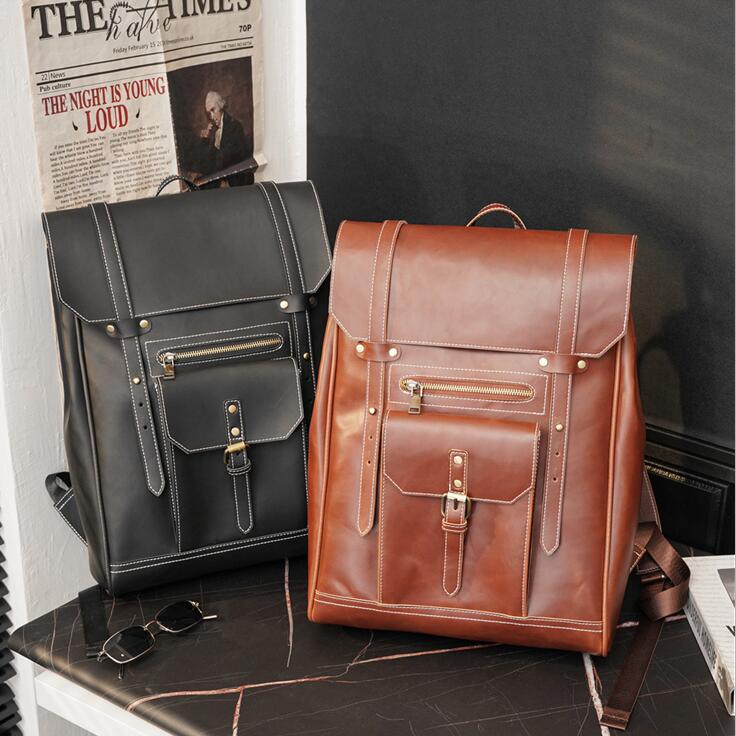 

wholesale men bag retro crazy horse leather backpack European and American fashion belt decorative messenger bags large solid color leathers computer handbag, Brown