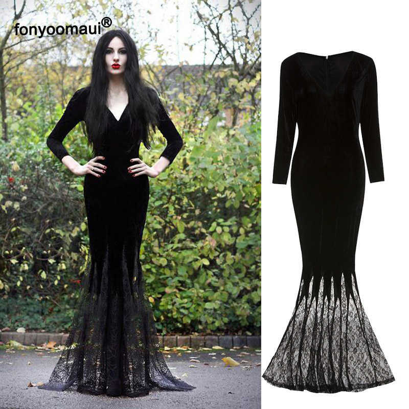 

Adult Women Halloween Cosplay Morticia Addams Ghost Witch Costume Horror Black Gothic Lace Dress Gown Robe Dress Party Carnival Y0903, Packing bag