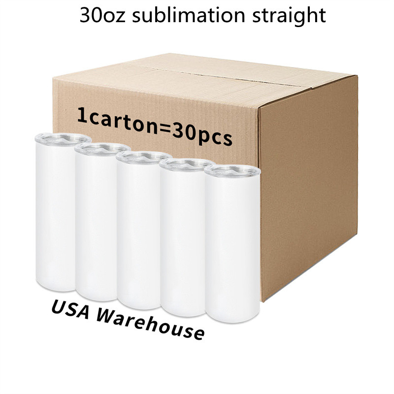 

Local warehouse 30oz Sublimation Tumbler STRAIGHT Tumbler with Metal Straws Cups Stainless Steel slim Tumblers US-Abroad Rubber Bottom, White