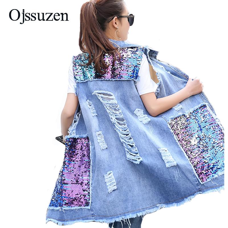 

Women' Vests Ladies Plus Size 3XL Hole Long Vest Women Cotton Sequined Denim Sleeveless Jacket Ripped Jean Female, As photo