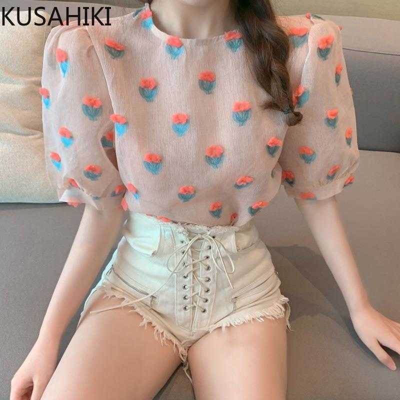 

KUSAHIKI Sweet 3D Flowers Mesh Chiffon Blouse Shirt Causal Puff Sleeve O-neck Women Tops Summer Blusas Femme 6G322 210602, Pink