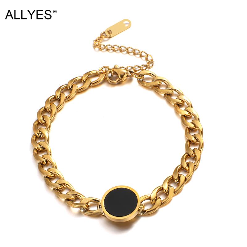 

Link, Chain ALLYES Simple Stainless Steel Cuban Bracelets For Men Women Black Acrylic Round Charm Bracelet Unisex Jewelry