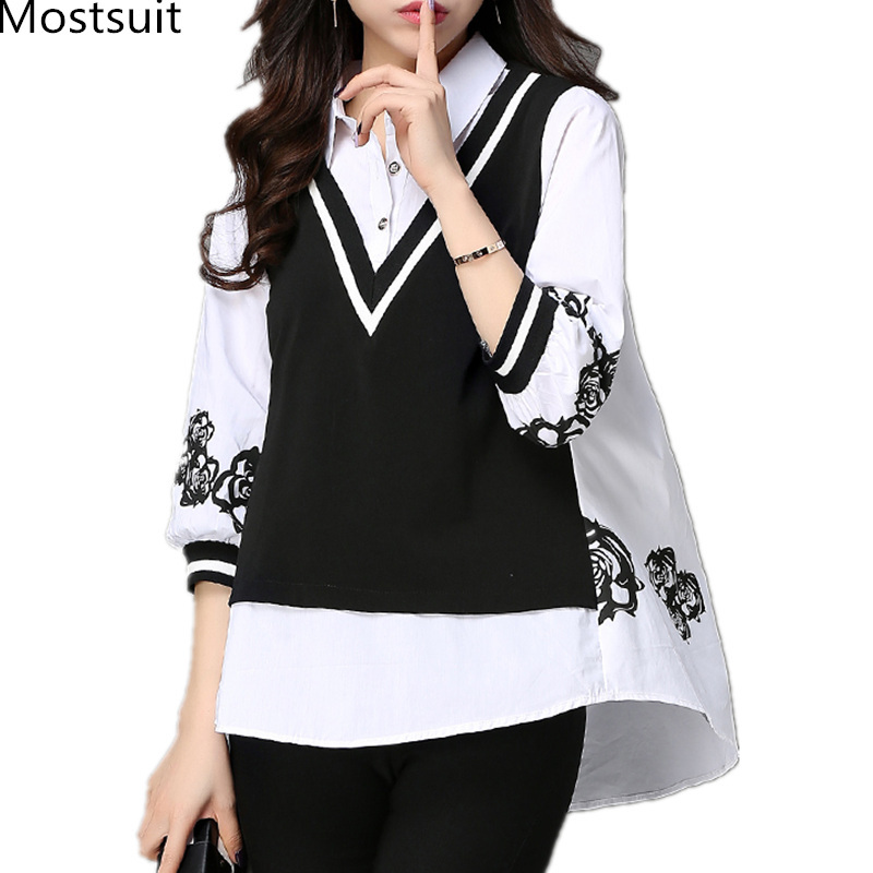 

Spring Summer Elegant Fake Two Pieces Blouses Women Plus Size Floral Printed Ol Style Casual Korean Pullovers Tops Blusas Mujeer 210518, Black