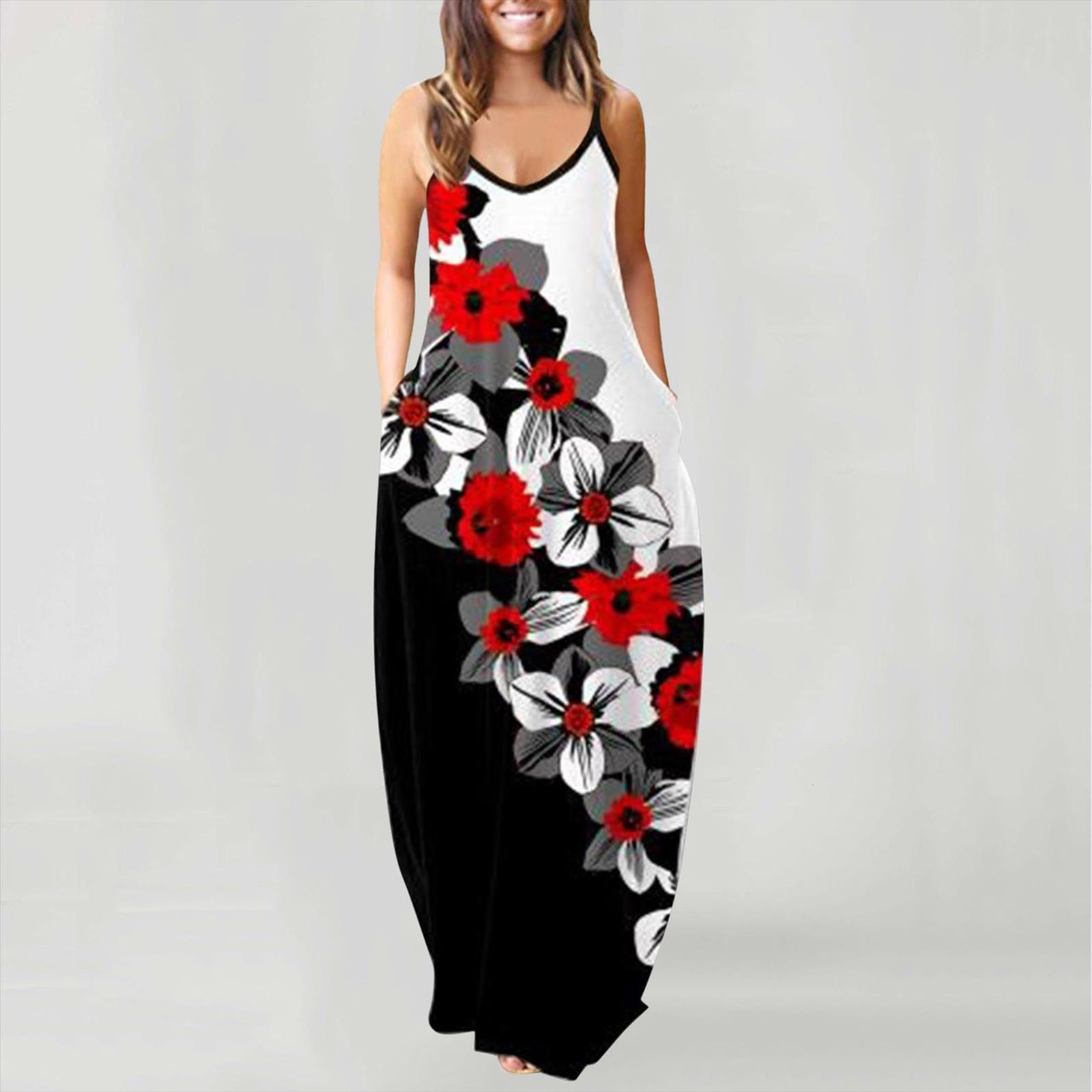 

40 floral printed summer sundresses women dress o neck sleeveless plus size pullover dresses for loose pocket robe femme, Black;gray