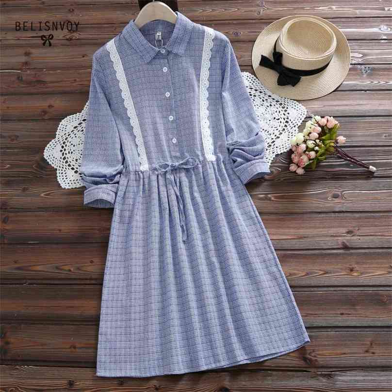 

Mori Girl Autumn Spring Women Plaid Dress Turn-down Collar Corchet Casual String Ropa Mujer Full Sleeve Cotton Linen Sweet 210520, Blue