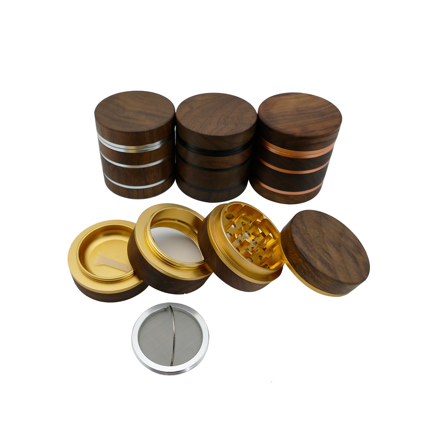 

Walnut smoke grinder Aluminum alloy with wood smoking sharpener 63mm Four-layer High quality smokes pulverizer YHM895-ZWL