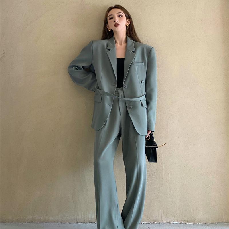 

Women' Two Piece Pants 2021 Fashion Clothing Mid-length Loose Long Sleeve Blazer Korean Style Autumn Suit High Waist Straight Wide Leg