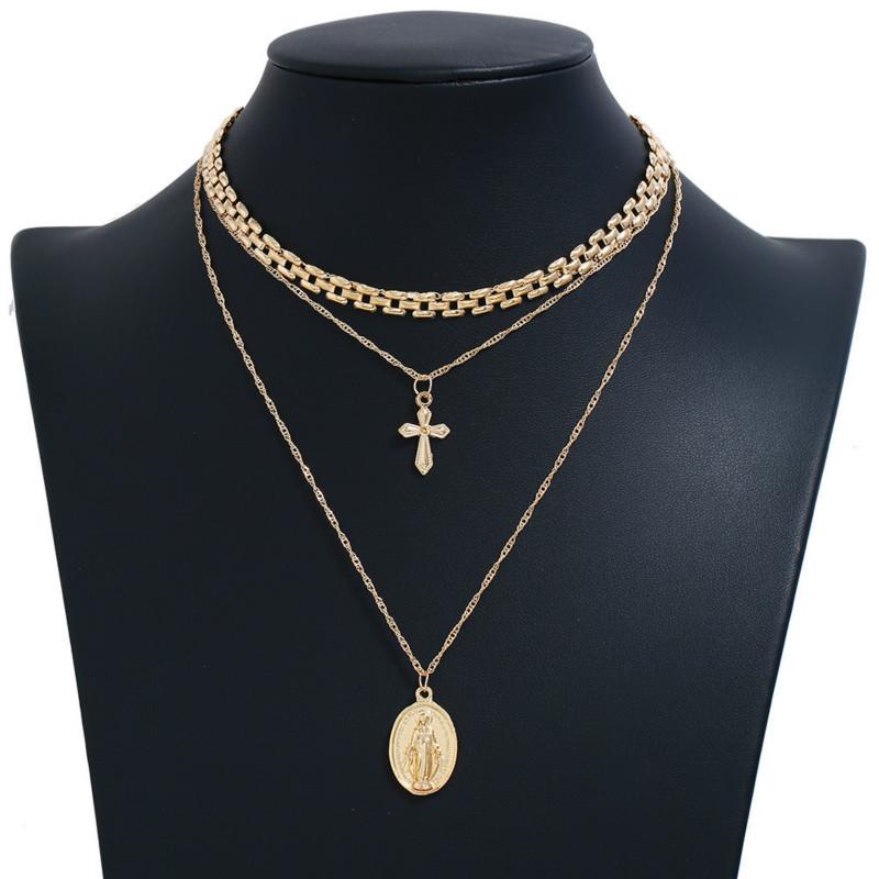 

Pendant Necklaces Temperament Wild Gold Color Layered Necklace For Women Fashion Simple Cross Jesus Statement Long 2021