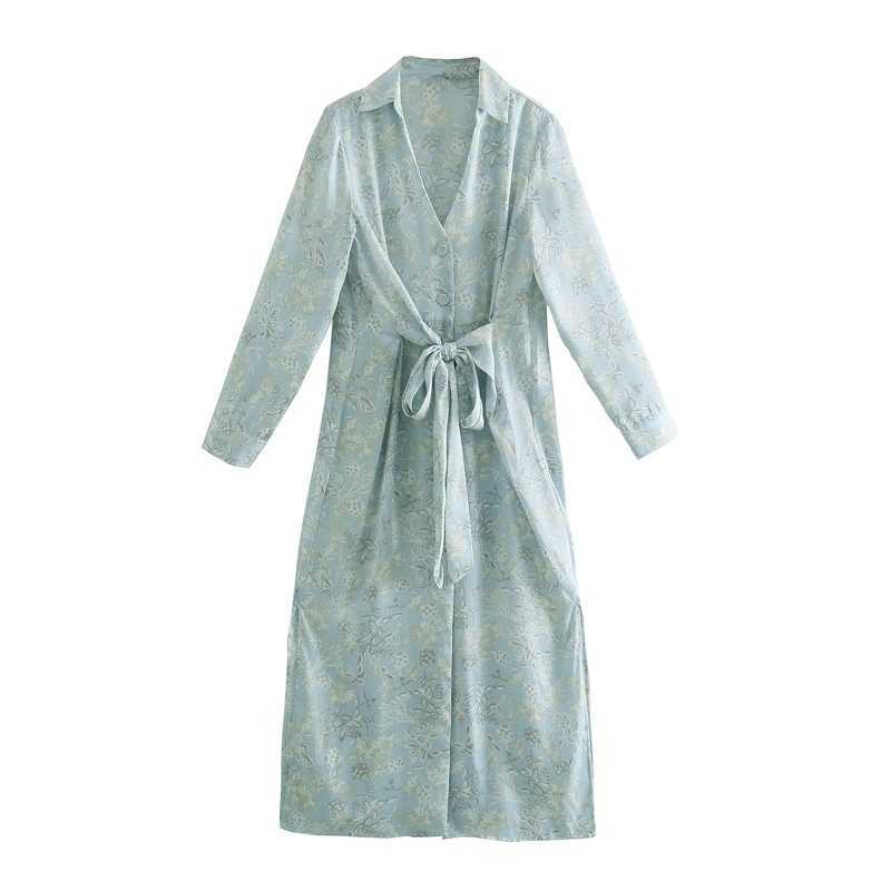 

Woman Spring Elegant Floral Long Dress Turn Down Collar Fashion Chic Vintage Split With Sash 210525, Green