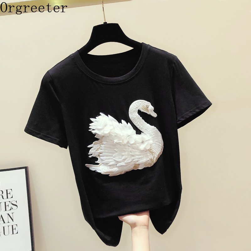 

3D Swan Appliques Diamonds Cotton Tshirt Summer O-neck Short Sleeve Loose Women's Tops 210525, White