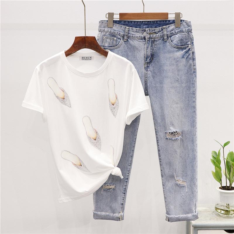 

Two Piece Dress Summer Female T-shirt 2021 Fashion Drill Small Shoes Print T Shirt + Hole Jeans Casual Set Women Outfits H014, Light blue