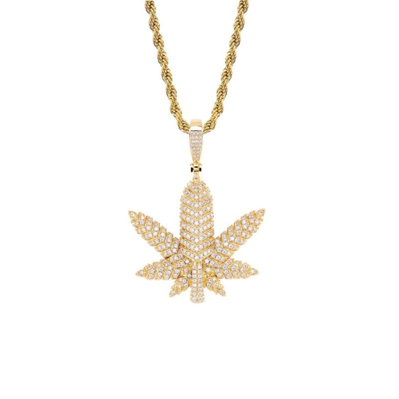 Pendant Necklaces Leaves & Necklace 18k Gold Plated Lab Diamond Iced Out Chain Bling Fashion Hip Hop Jewelry-image-708511739