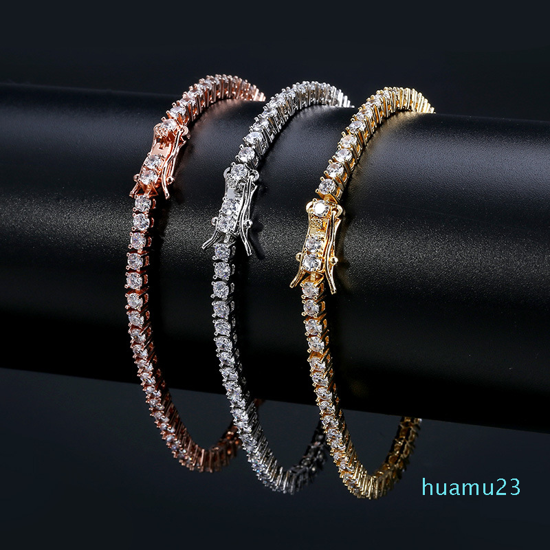 

European and American tennis chains Hip-hop Tide Men's Bracelet Zircon-microencased 3mm Bracelet Tennis bracelet, Golden;silver