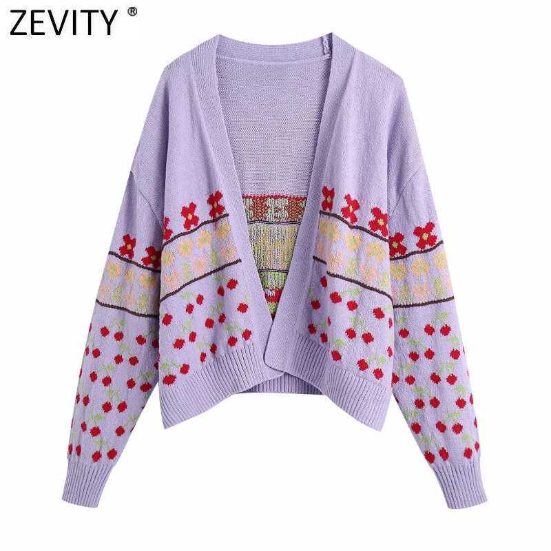 

Zevity Women Sweet Cherry Print Open Stitching Knitted Sweater Female Chic Color Match Patchwork Loose Cardigans Tops SW838 210603, As pic sw838bb