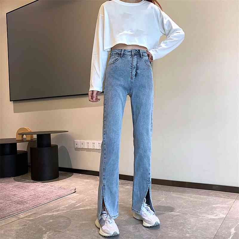 

Women's Jeans High Waist Spilt Slim Female Straight Denim Pants Solid Wide Leg Pockets Loose Casual Spring Chic Streetwear 210518, Light blue