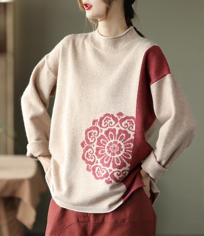 

Women's Sweaters Autumn Winter Sweater Retro Women Knitting Loose Pullovers Tops Ladies Panelled Flower Casual Vintage, Black