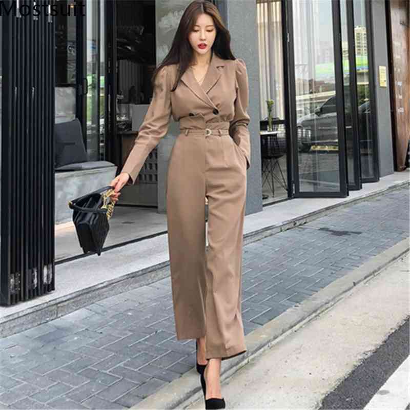 

Korean Office 2 Piece Pants Suits Sets Women Autumn Double-breasted Blazer + High Waist Wide Leg Workwear 210518, Khaki