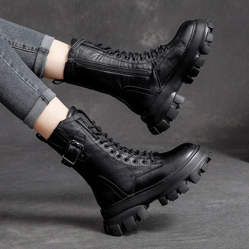 

Boots 2021 Autumn Women Korean Version Mid Calf Fashion Lace-up Zipper Platform Ladies Shoes, Black