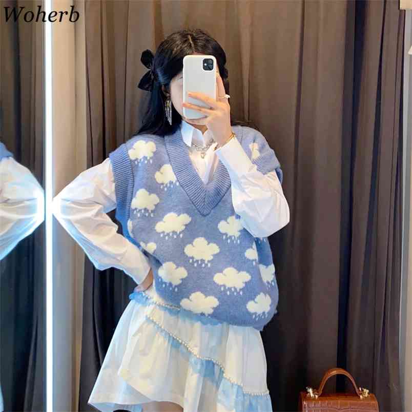 

Kawaii Knitted V-neck Sweater Vest Women Cloud Print Blue Knitwear Waistcoat Spring Cute Girls Gilet All Match 210519