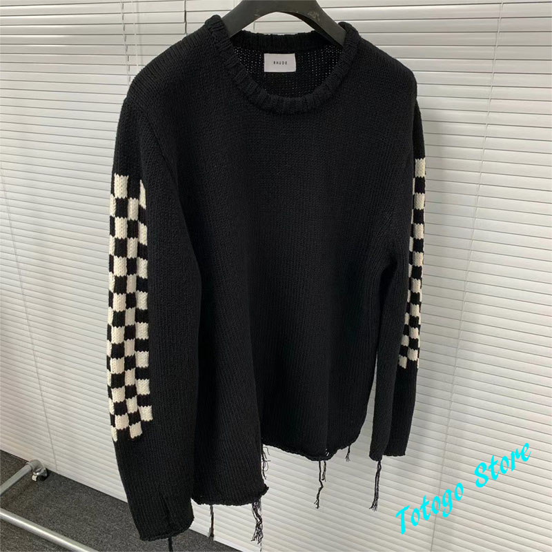 

Autumn Winter Hip-Hop Checkerboard Printing Rhude Sweater Men Women 1:1 Best Quality Do Old Destroyed Tassel Knitted Jumper C0325, Black