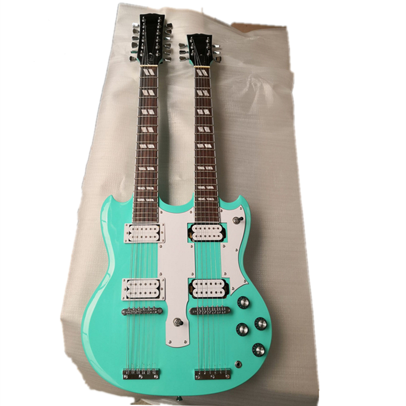 

Double Neck Glossy Green body 6+12 Strings Electric Guitar with Fixed Bridge,White Pickguard,can be customized