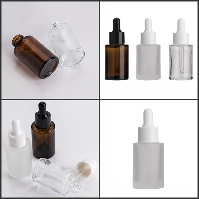 

Glass Bottle Flat Shoulder Frosted/Transparent/Amber Glass Round Essential Oil Serum Bottle With Glass Dropper Cosmetic Essence 172 S2