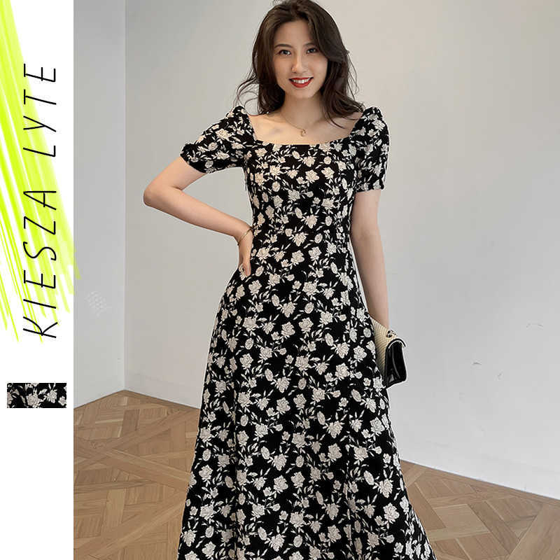 

Vintage Floral Print Dress Elegant Square Neck Midi Dresses for Women Party Vestidos de Fiesta Outfits 210608