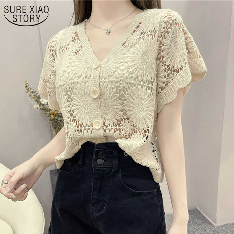 

Women's Blouse Korean Style Clothes V-neck Lace Hollow Cardigan Short-sleeved Batwing Sleeve Women's Top Female 14459 210527, Apricot