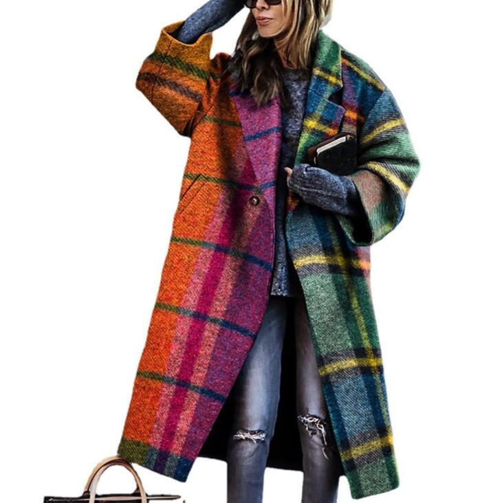 

Women' Wool & Blends Winter Lapel Print Autumn Elegant Plaid Long-sleeved Thick Warm Loose Fashion Woolen Coat Jacket, White