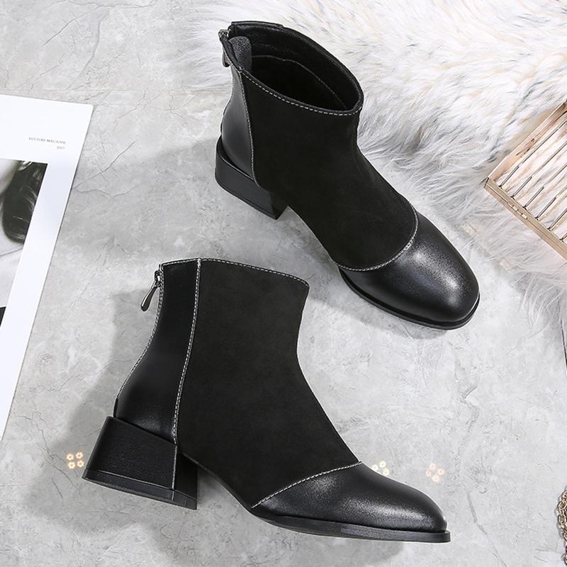 

Boots Back Zipper Sewing Riding Round Toe Chunky Ankle Botas Woman Winter Plush Booties 34-40 Mid Heels Short Botines Mujer 2021, Black with plush