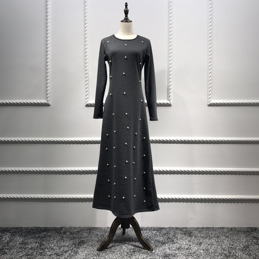 

Muslim Loose Maxi Dress with Poets for Women Cotton Beading A-line Dresses Ramadan Kaftan Middle East Arab Islamic Clothing