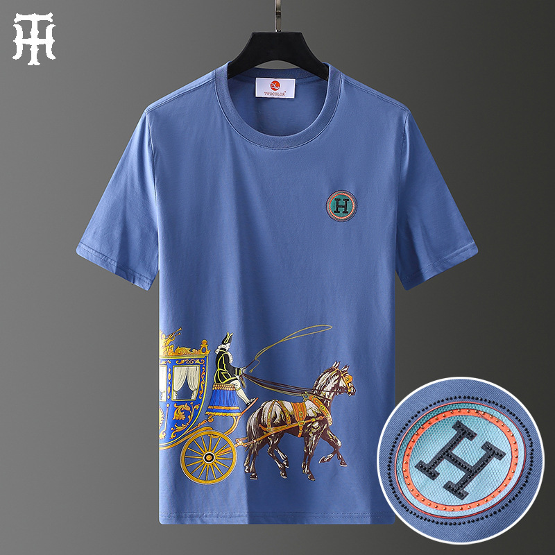 

Short Sleeve Men's European Fashion Slim Carriage h Print T-shirt Large Short Style, White